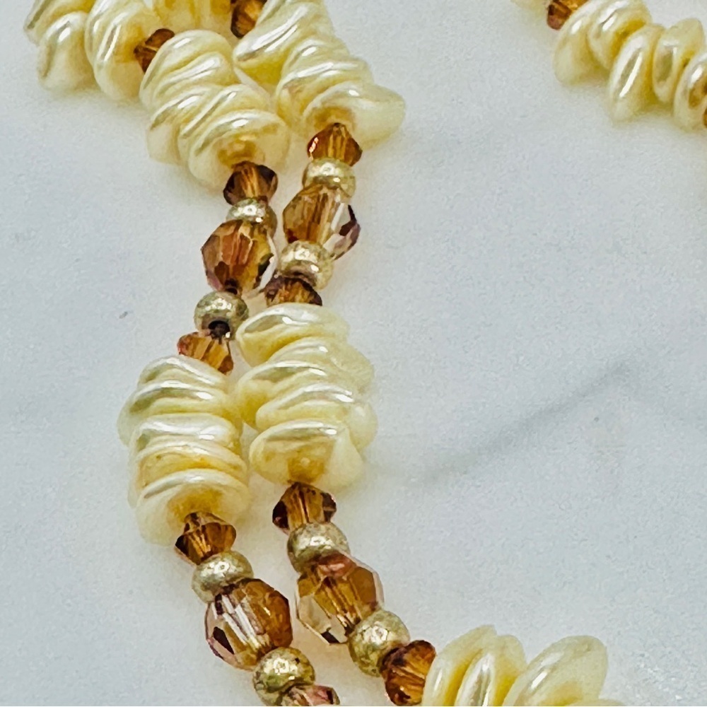 Vintage Stone Pendant Necklace Embroidery Bead Edge Leather Back 25” Long 70s - Picture 4 of 10